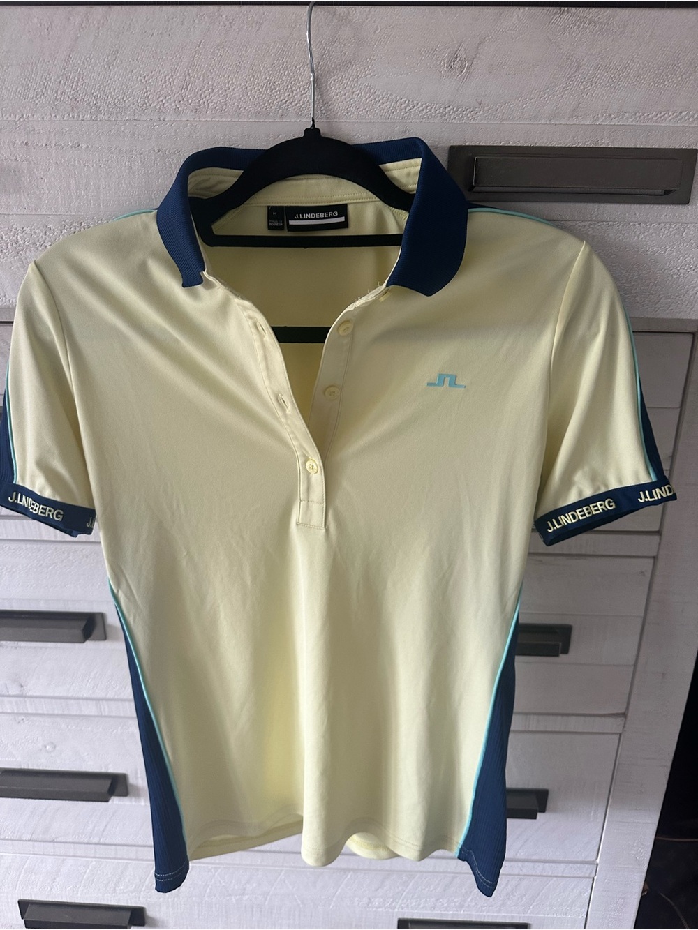 J.Lindeberg Pale Yellow golf Polo with Navy Trim